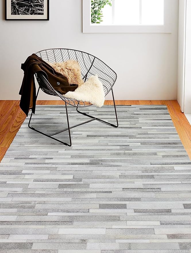 Cowhide Leather Rug for Living Room 4x6 Natural Leather Rug Modern Stripes Style Floor Carpet for Home Decor | Superior Indoor Area Rug Silver