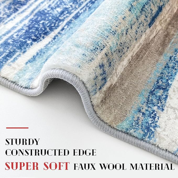 Modern Abstract 6x9 Machine Washable Living Room Rug Non-Slip Soft Bedroom Area Rug Blue Ultra Thin Print Faux Wool Floor Carpet Throw Rugs for Nursery Playroom Dining Room Indoor Office