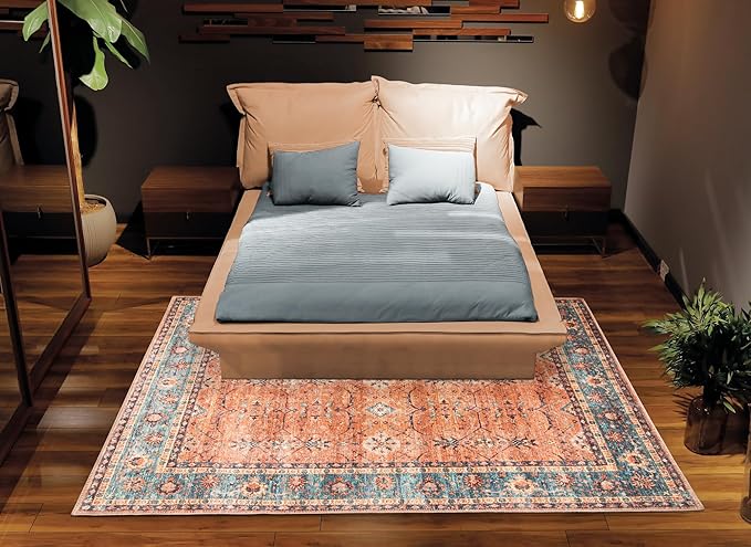 Bloom Rugs Washable Non-Slip 3' x 5' Rug - Orange/Teal Blue Traditional Bordered Area Rug for Living Room, Bedroom, Dining Room, and Kitchen - Exact Size: 3' x 5'