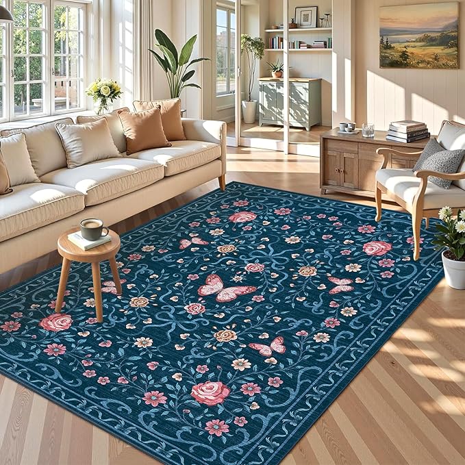 GarveeHome 3x5 Small Area Rug for Bedroom Floral Washable Rugs Non Slip Stain Resistant Living Room Throw Carpet Low Pile Dining Room Blue Area Rug Butterfly Bow Rugs for Nursery Home Decor, 3x5