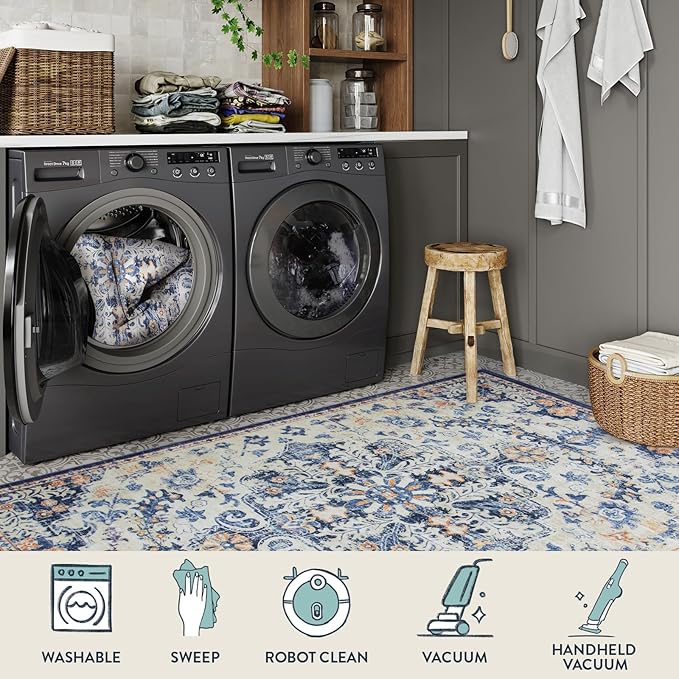 Lahome Bohemian Floral Medallion Area Rug - 4x6 Blue Washable Living Room Rug Soft Bedroom Mat, Non Slip Indoor Floor Carpet for Foyer Entryway Classroom Sunroom Bathroom