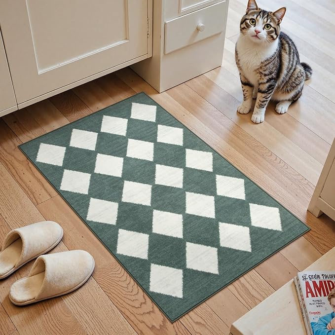 Lahome Checkered Washable 2x3 Green Kitchen Rugs Non Slip, Small Printed Indoor Door Mat for Entryway, Moroccan Trellis Ultra-Thin Throw Carpet for Bedroom Entrance Decor (2'x3',Dark Green)