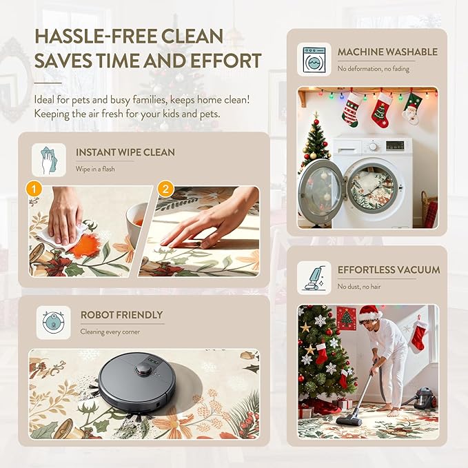 Lahome Floral Christmas Rug, 2x4 Washable Christmas Kitchen Rugs Indoor Ultra-Thin, Soft Christmas Rugs for Entryway Door Mat Holiday Rugs for Bathroom Bedroom, Beige/Multi