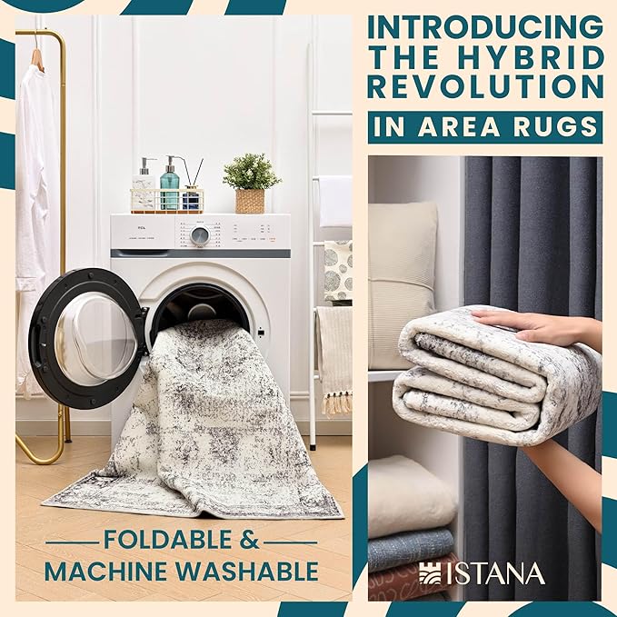 Istana Area Rug 2x4 - Grey & White Cream 2x4 Washable Rug Non Slip - Pet Friendly Living Room Rug - Non Shedding Washable Rugs for Bedroom - Foldable Bathroom Rugs