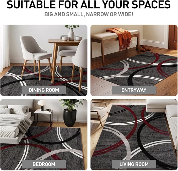 Rugshop Modern Wavy Circles Design Non-Shedding Area Rug, Carpet for Living Room, Dining Room, or Office,Grand Room,Open Spaces Red, 10' x 14'