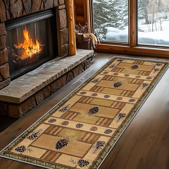 Pinecone Runner Rug, 3x8ft Rustic Country Style Hallway Runner Rug - Corridor & Foyer Area Rugs, Washable Non-Slip Mat, Country Home Decor Carpet for Indoor Living Room Hallway Spaces