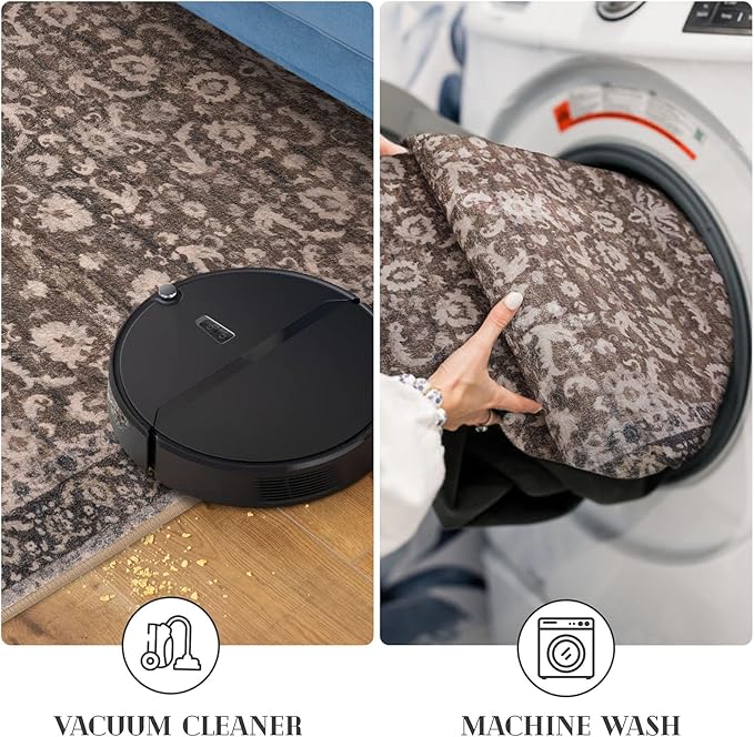 Vintage Floral 2x6 Runner Rug, Mocha Brown Washable Kitchen Runner Rug Non-Slip Hallway Rug Runner Boho Thin Printed Faux Wool Super Soft Carpet for Entryway Bedroom Laundry Room Indoor