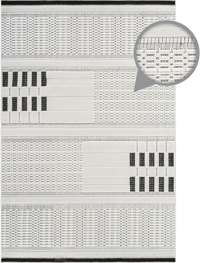 CAMILSON Modern Rug 6x9 Luxury Geometric Pattern Micro Loop Area Rugs Soft High and Low Pile Stain Resistant Easy to Clean Non-Shedding Durable Living Room Office Indoor Carpet (White/Black)