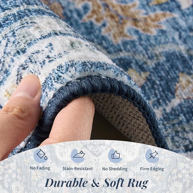 tchdio 2x3 Entryway Rug, Non Slip Front Door Mat Small Washable Rugs, Soft Low Pile Small Area Rug Vintage Doormat, Stain Resistant Rug for Entrance, Kitchen (Blue, 2'x3')