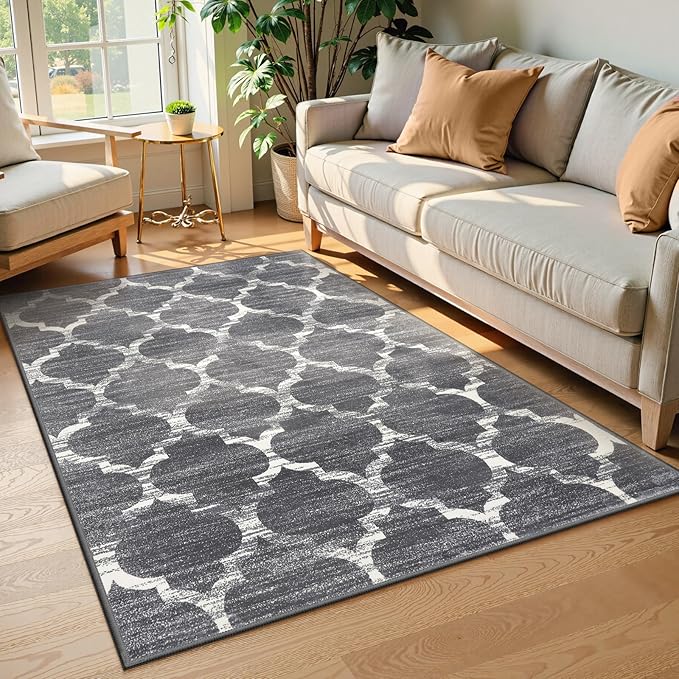 Lahome Moroccan Washable Rugs 3x5 Entryway Rug- Small Rugs for Bedroom Throw Non-Slip Low-Plie Kitchen Rug Soft Grey Distressed Capet for Office Bathroom Living Room Dining Room