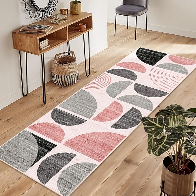 MUJOO Pink Runner Rug Washable,Boho 2x6 Area Rugs for Hallways Kitchen Bathroom Bedroom Entryway,Non Slip Carpet Long Mat Indoor,Soft Modern Abstract Pink and Grey