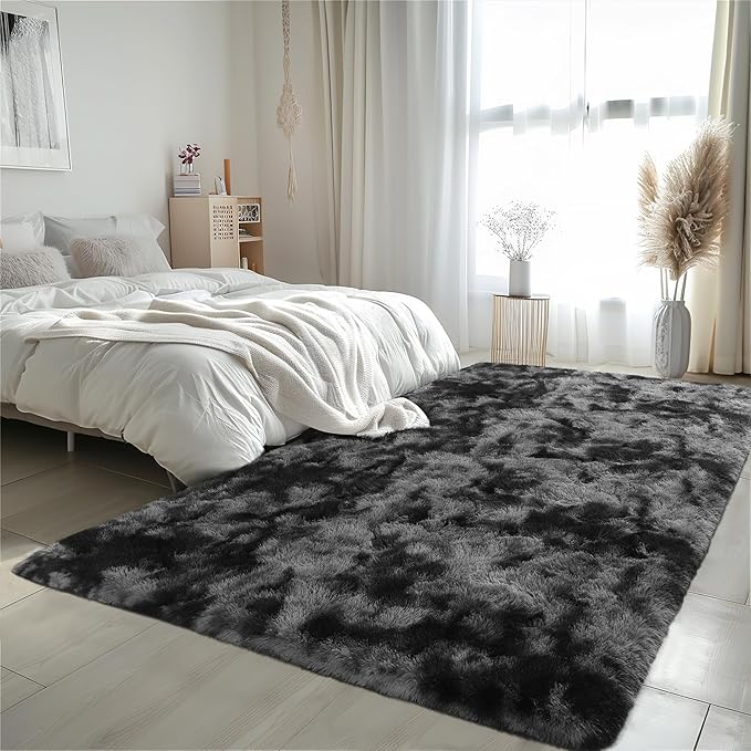 Zentavio Black and Grey Area Rugs for Living Room Large Men Room Carpet 6x9 Bedroom Fluffy Furry Shag Aesthetic Plush High Pile Floor Rug for Kids Room Dorm Home Decor Gray