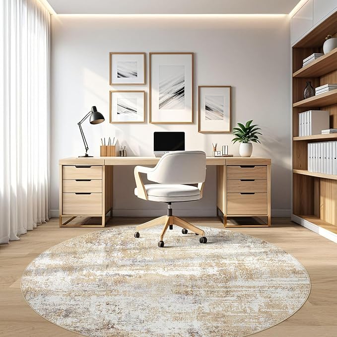 Round Rug Living Room Rugs: 7Ft Washable Circle Large Abstract Modern Soft Stain Resistant Non Slip Indoor Floor Carpet for Bedroom Nursery Office Dining Room Dorm Home House Decor- Gray Gold