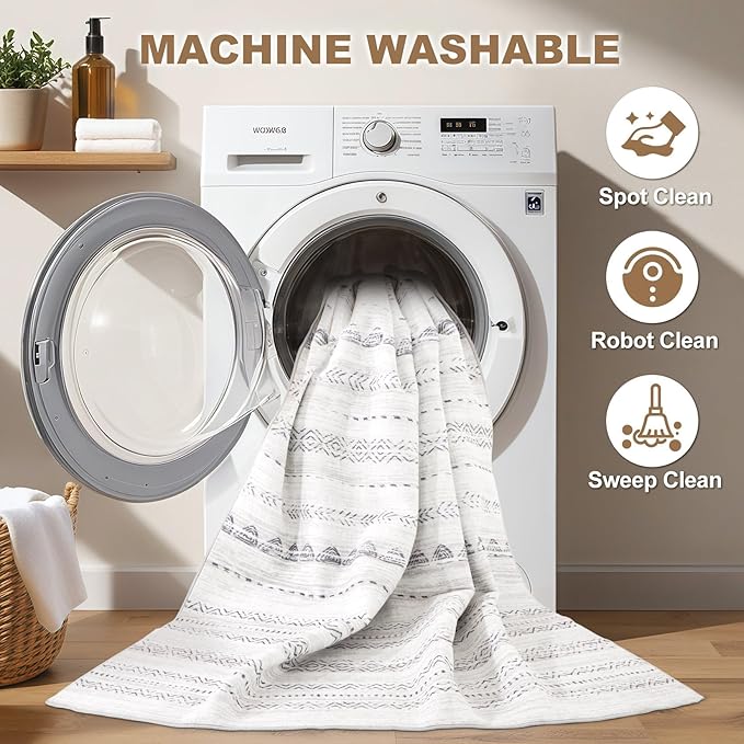 Nakagishi 10x13 Area Rugs Living Room: Washable Boho Large Neutral Soft Farmhouse Rug Stain Resistant Modern Moroccan Non-Slip Indoor Floor Carpet for Bedroom Nursery Kids Playroom Office- Gray