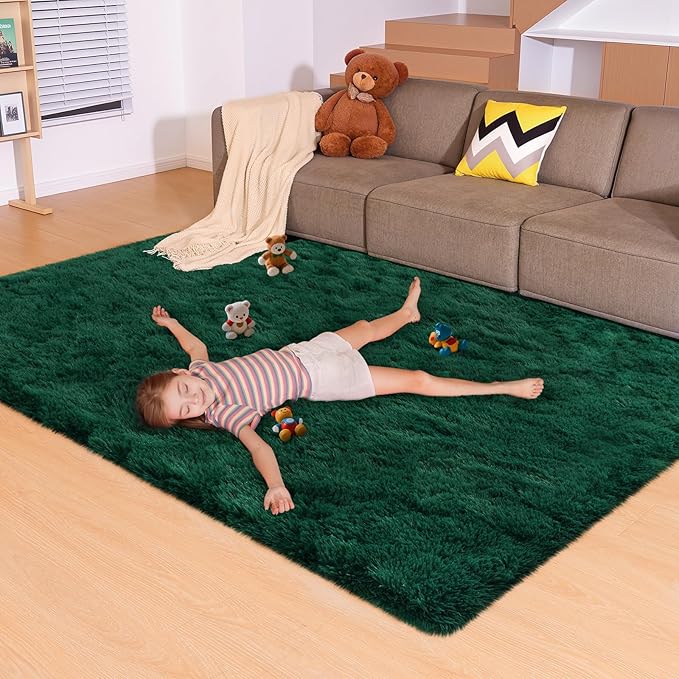 5x7 Dark Green Rugs for Living Room Bedroom, Fluffy Large Area Rug Soft Shag Non-Slip Carpet for Kids Boys and Girls Room Dorm Home Decor (5ft x 7ft)