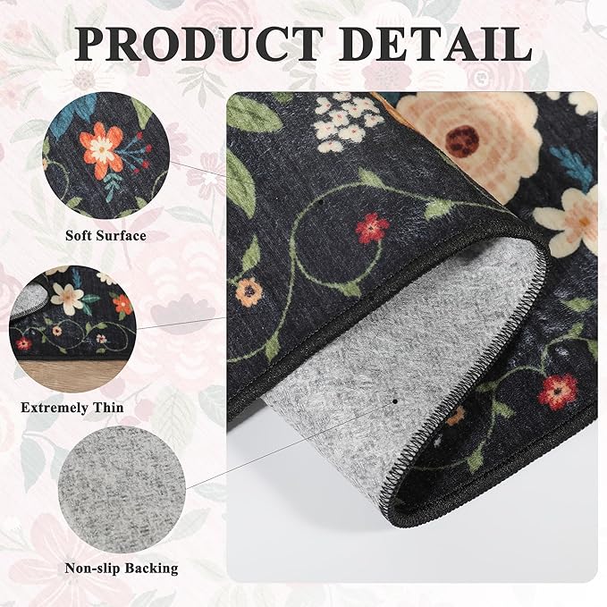DUKINO 3x4 Area Rug, Lightweight Non Slip Washable Floral Rug, Indoor Low Pile & Non-Shedding Boho Design Carpets for Bedroom, Kitchen, Dining Room, Black