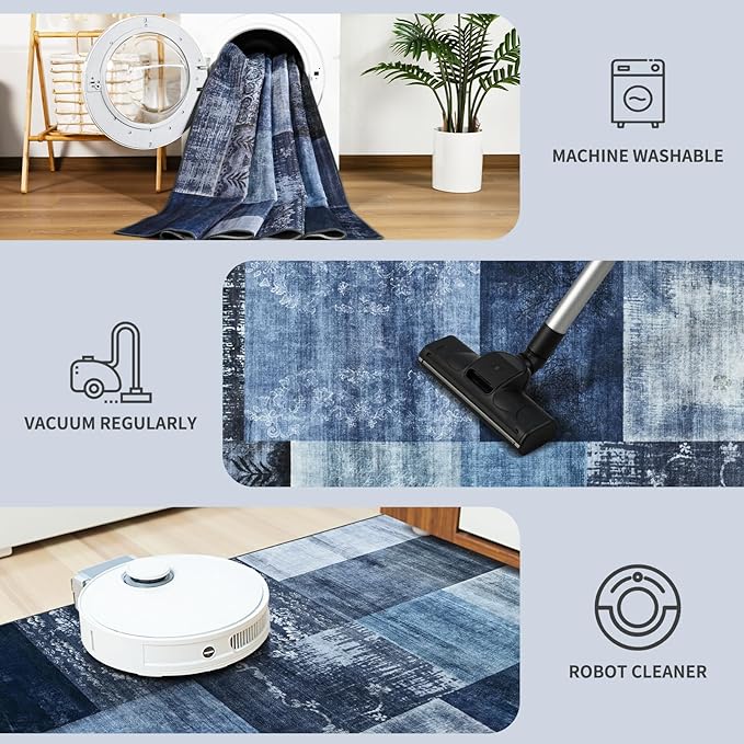 DweIke Washable Area Rugs for Living Room, 6x9 Large Bedroom Rugs, Geometric Print Non Slip Low Pile Indoor Throw Carpets for Bedroom Apartment Dining Room Home Office Hardwood Floor, Navy Blue