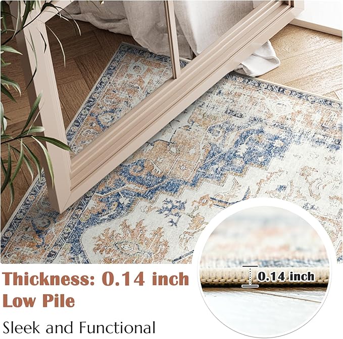 jinchan Area Rug 6x9 Washable Living Room Rug Vintage Indoor Large Floor Cover Distressed Lightweight Non-Slip Low Pile Thin Mat Accent Stain Resistant Carpet for Bedroom Dining Room Office Orange