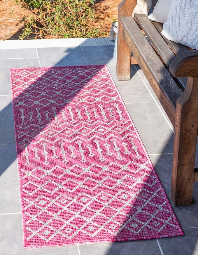 Unique Loom Outdoor Trellis Collection Area Rug - Tribal Trellis (2' x 6' 1" Runner, Fuschia/ Gray)