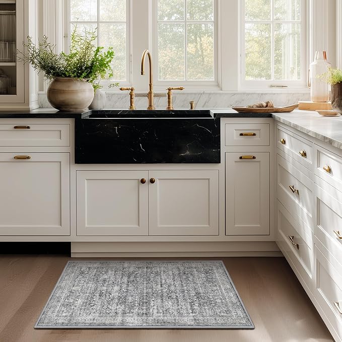 Grey Entryway Rug Indoor, 2x3 Small Door Rugs for Entry Way/Kitchen/Bathroom, Washable Non Slip Low Pile Thin Door Mat Indoor Entrance, Vintage Neutral Gray and Ivory Rug with Decorative Fringe