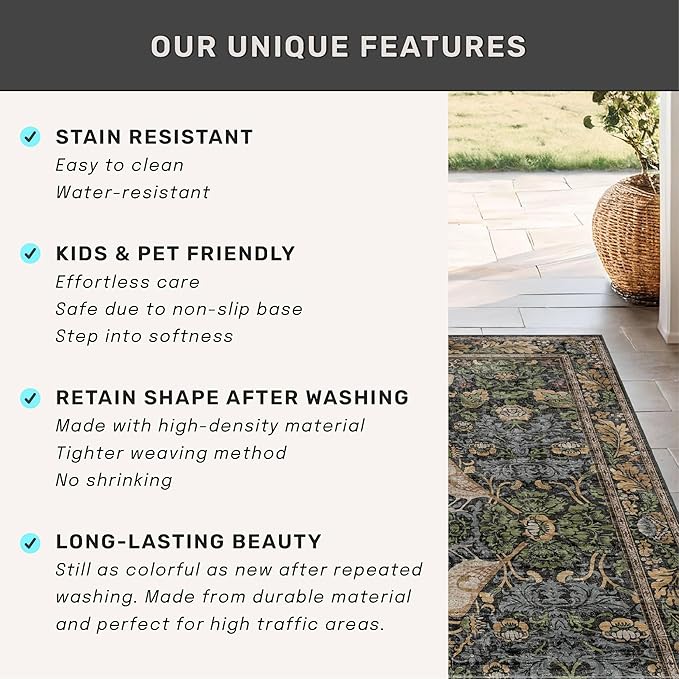 Vintage Runner Rugs for Hallways - 2'6"x10' Wide Kitchen Runners, 10 ft Long Entryway Rug, Botanical Pattern with Flowers and Leaves, Washable Non Slip Low Pile