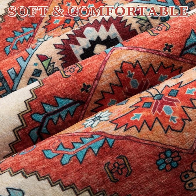 SERISSA Boho Round Area Rug, 6ft Washable Non-Slip Circle Rug, Ultra Soft Oriental Vintage Orange Low-Pile Circular Carpet for Bedroom Entryway Kids Room Office College Dorm Living Room