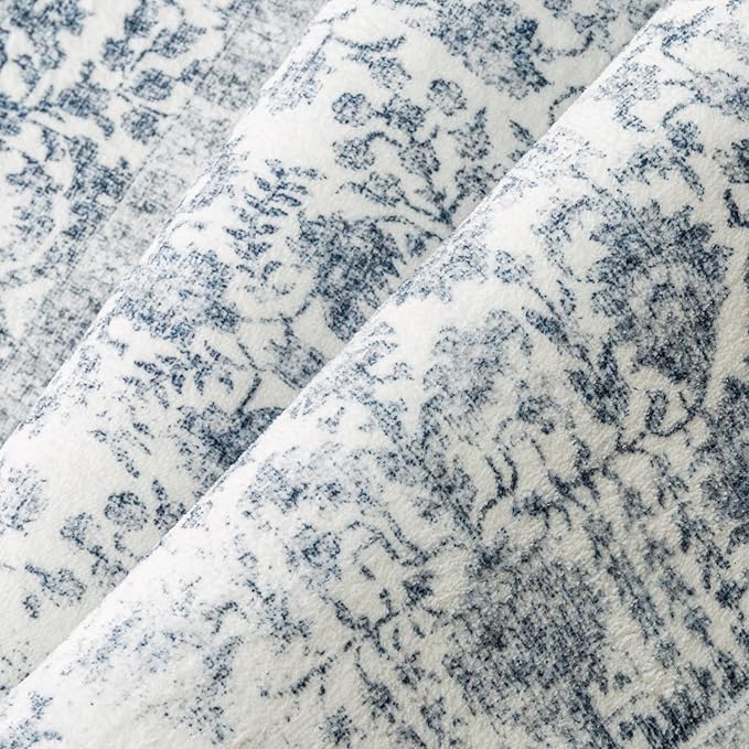 Navy Blue Area Rug 5x7 Machine Washable Vintage Living Room Distressed Non Slip Carpet Traditional Indoor Bedroom Retro Floral Accent Throw Large Rug for Office Kitchen Bathroom Dining Room