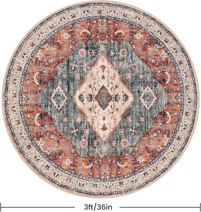 KOZYFLY Boho Round Rug 3 Ft Rugs for Entryway Washable Circle Rug Non Slip Doormat Rust/Orange/Blue Printed Faux Wool Vintage Round Entryway Rug Floor Carpet Round for Entrance, Bedroom