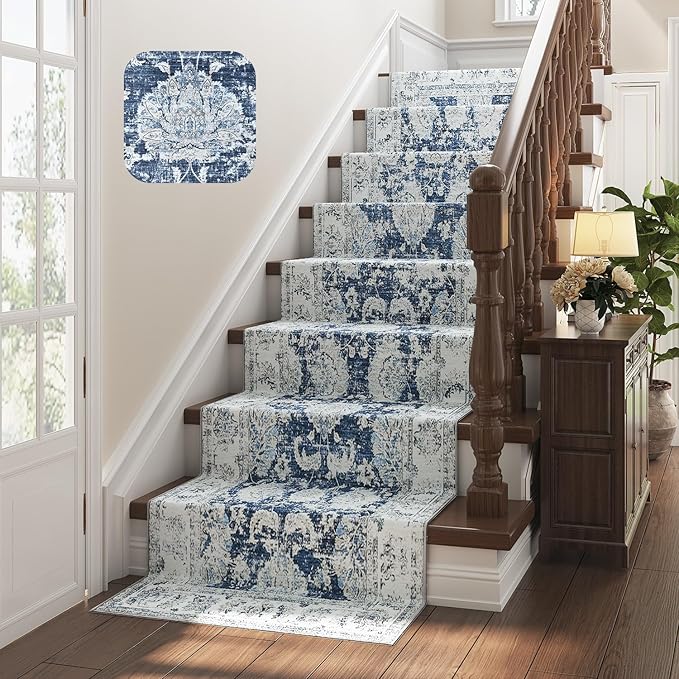 jinchan Fiora Hallway Runner Rug 3x10 Machine Washable Runner Rug Dark Blue Vintage Floral Design Non-Slip Low Pile Ultra-Thin for Kitchen Laundry Room Bedroom Farmhouse (3‘x10', Dark Blue)