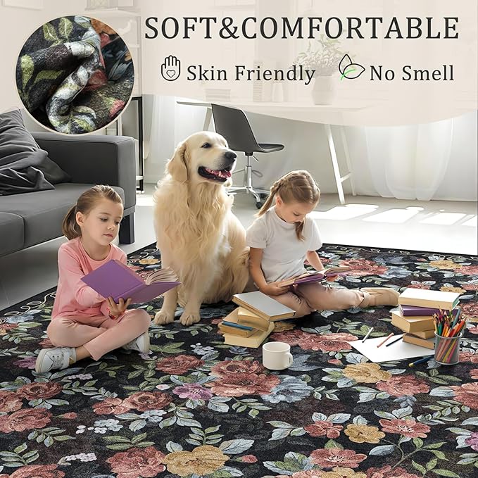 6ft Round Machine Washable Area Rug for Living Room, Black Vintage Boho Floral Rug Large Non-Slip Low Pile Soft Faux Wool Carpet, Kids and Pets Friendly for Bedroom Nursery Farmhouse Home Decor Rug