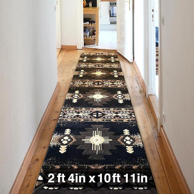 YHSF South West Native American Area Rug C318 - Easy Clean, Thick, Soft, Durable Native Tribal American Indian Inspired Rug for Bedroom/Living Room and more -Black, 2 Feet 4 Inches x 10 Feet 11 Inches