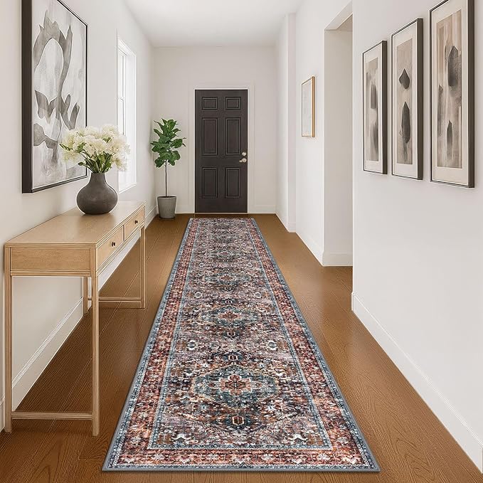 KOZYFLY Area Rug 3x16 Ft Washable Boho Runner Rug for Entryway Hallway Indoor Printed Faux Wool Carpet for Kitchen Bedroom Hall, Brick Red/Orange/Green