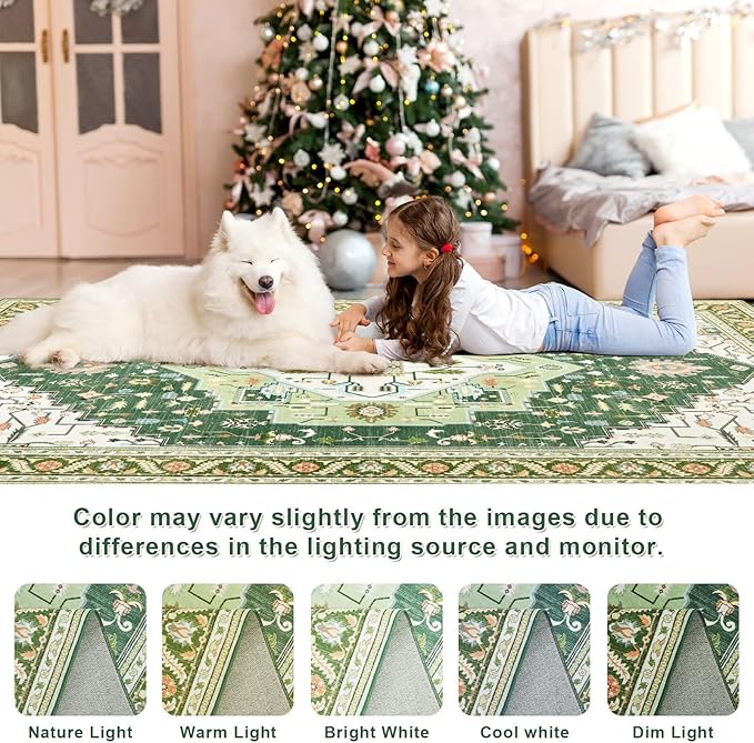 2x3 Green White Small Area Rug for Entryway, Soft Washable Rugs with Non-Slip Backing for Bedroom Kitchen, Vintage Throw Carpet Laundry Entry Front Door Decor