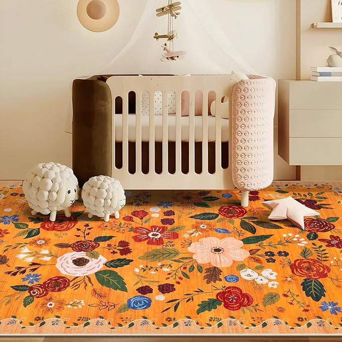 U'Artlines 5x7ft Fall Floral Area Rug, Machine Washable Ultra Soft Low Pile Non Slip Non Shedding Accent Floor Carpet for Living Room, Bedroom, Dining Room, Office (Orange)