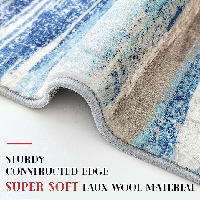 Modern Abstract Runner Rug 3x16, Blue Washable Long Kitchen Runner Non-Slip Soft Hallway Rug Runner Ultra Thin Print Faux Wool Carpet for Entryway Bedroom Laundry Room Indoor Home Decor