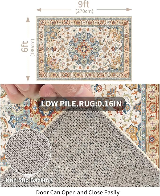 Enkor Area Soft Rugs 6x9 Washable Non Slip Boho Floor Rugs for Living Room Bedroom, Vintage Style Farmhouse Mat for Kitchen Entryway Orange & Beige