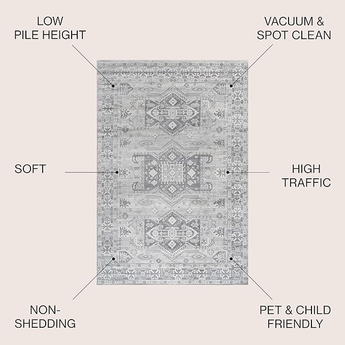 JONATHAN Y Modern Vintage Medallion Light Grey 6' Round Indoor Area Rug, Country, Floral, Easy-Cleaning for Living Room, Bedroom, Kitchen, Pet Friendly, Non-Shedding (MDP108B-6R)