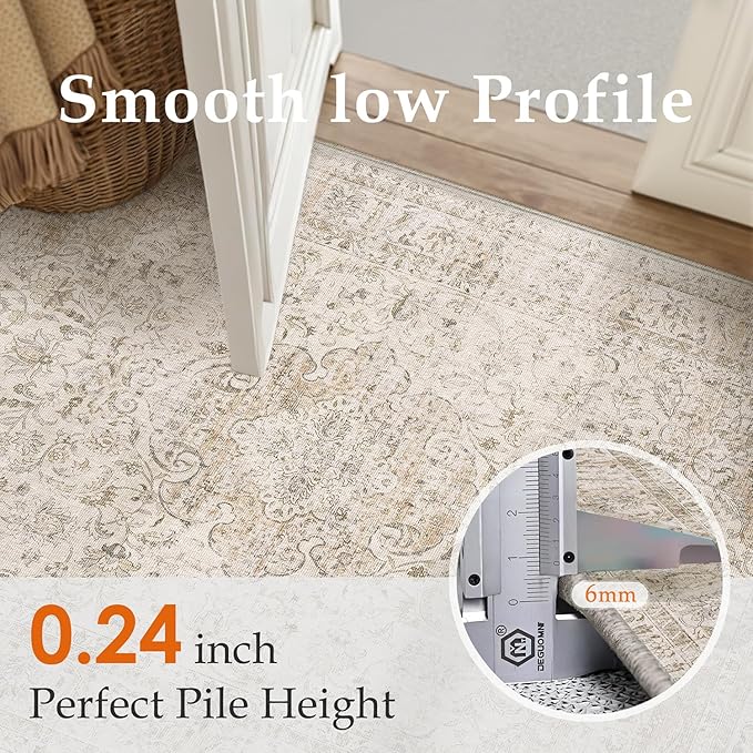 8x10 Washable Beige Area Rug Vintage Living Room Bedroom Carpet Non-Slip Soft Low Pile Distressed Indoor Large Throw Rug for Dining Room Office