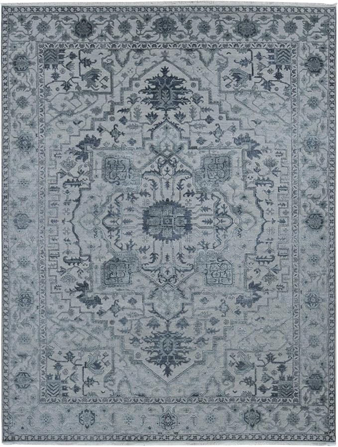Ash Grey Design with All Over Pattern Wool and Silk Hand Knotted Oriental Rug (9'x12')