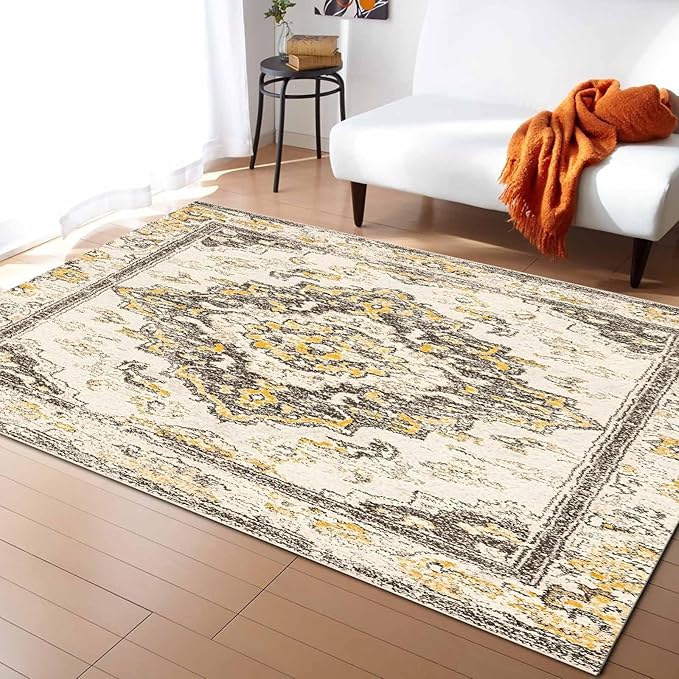 Bohemian Pattern Rectangular Area Rugs for Living Room Bedroom 4 x 6 ft Brown & Yellow Abstract Non-Shedding Soft Low Pile Rug Non Slip Washable Rug for Nursery Entryway Playroom