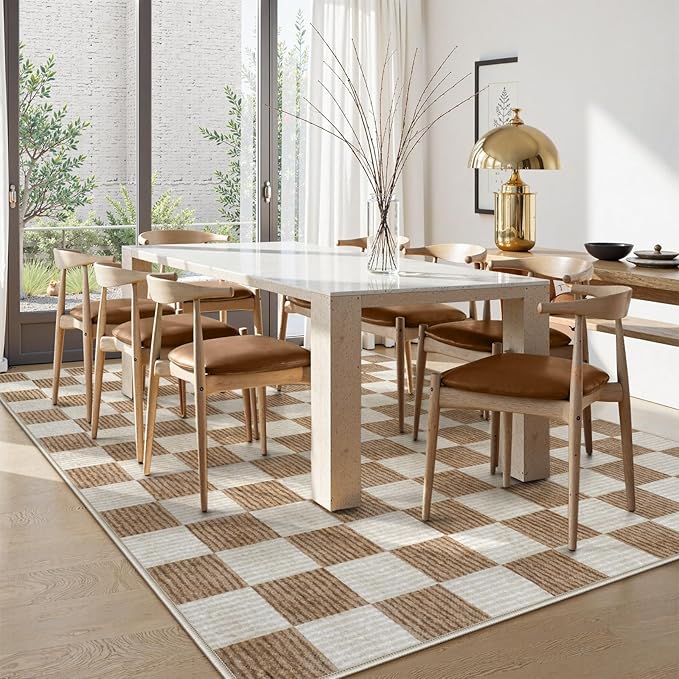 LIVEBOX Machine Washable Area Rug 6x9 Checkered, Non Slip Soft Large Bedroom Living Room Rug Farmhouse Neutral Classic Geometric Boys Rug, Indoor Carpet for Den Dorm Playroom(Brown,6'x9')