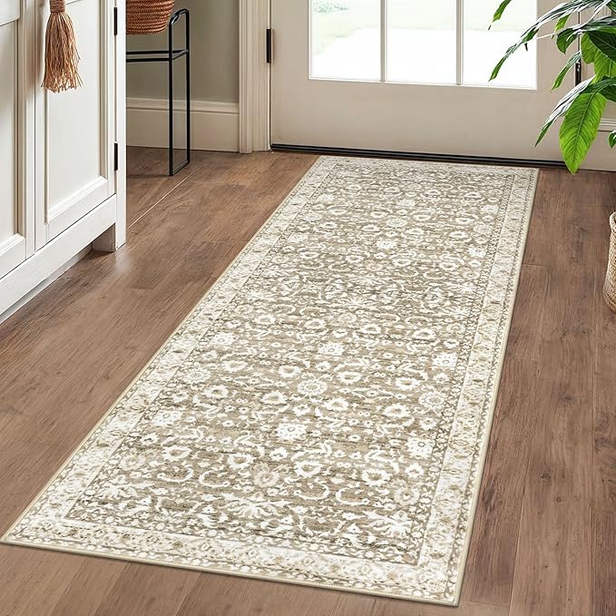 Vintage Floral 2x5 Runner Rug, Beige Tan White Washable Hallway Runner Rug Non-Slip Kitchen Rug Runner Super Soft Thin Printed Faux Wool Carpet for Entryway Bedroom Bedside Laundry Room Indoor