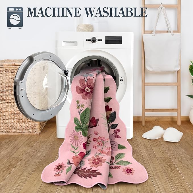 Lahome Floral Kitchen Runner, 2X6 Washable Runner Rug Non-Slip, Ultra-Thin Soft Hallway Rug Stain Resistant Boho Carpet for ‎Bedroom Laundry Bathroom, Pink