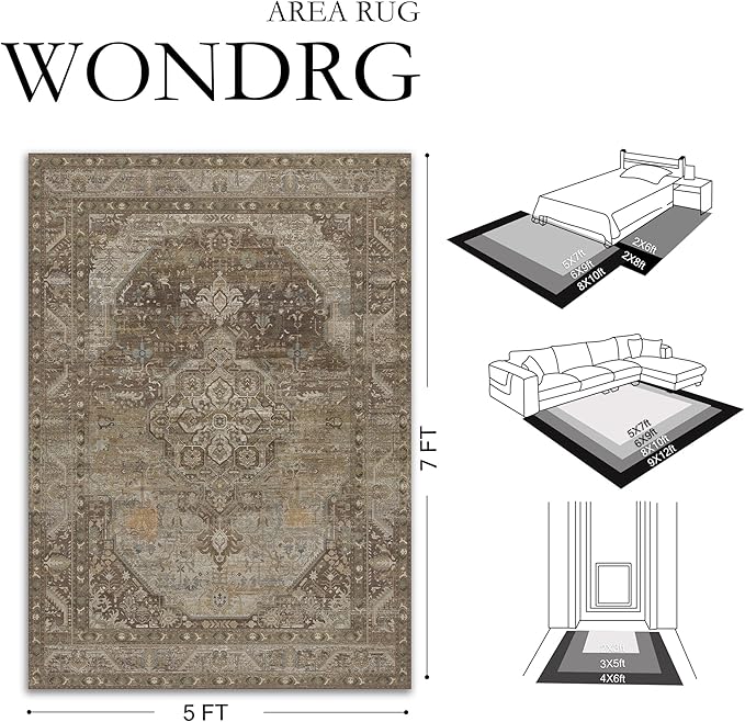 4x6 Brown Washable Vintage Area Rug for Living Room Bedroom Non Slip Distressed Traditional Soft Throw Rug Low Pile Lightweight Floral Carpet Laundry Dining Room Kitchen Office Kitchen