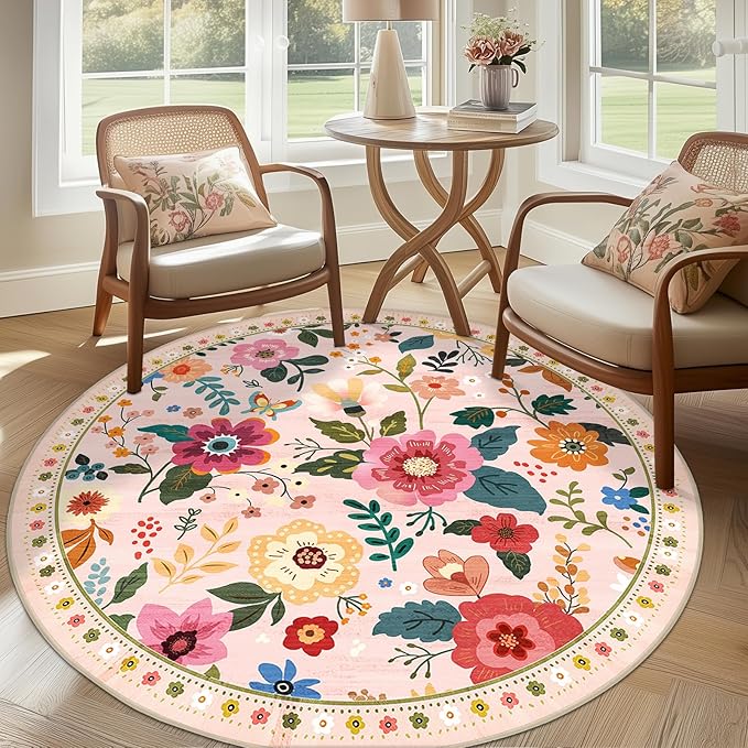 Floral 6ft Area Rug Machine Washable Soft Print Boho Carpet Non Slip Doormat Low Pile Flower Area Rugs for Living Room Bedroom Nursery Kitchen Dining Room Indoor-Pink
