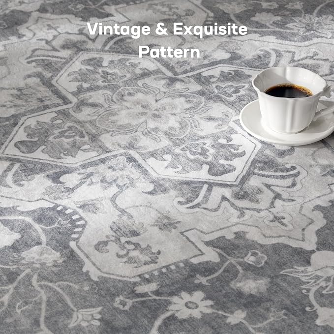 Marsail 8x10 Washable Area Rug, Soft & Slip-Resistant Large Area Rug with Reinforced Bound Edges, Vintage Short-Pile Washable Rug with Floral Pattern for Living Room, Dinning Room and Bedroom, Grey
