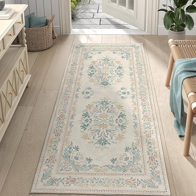 jinchan Vintage Floral Runner Rug 2x6 - Machine Washable Distressed Design Non-Slip Low-Pile Soft Thin Carpet for Hallway Kitchen Farmhouse Bedroom Entryway Laundry Room (2x6ft, Apricot Multi)