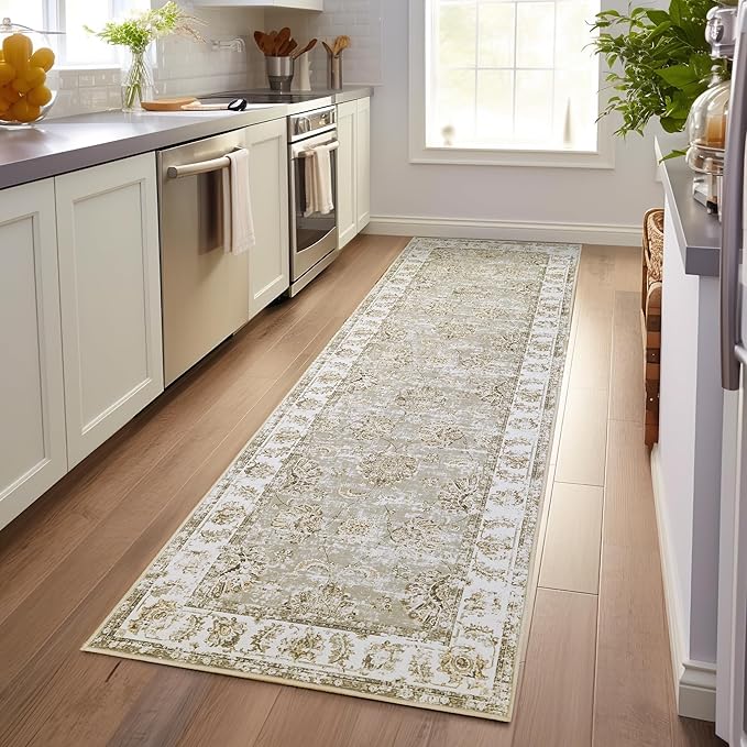 jinchan Fiora Hallway Runner Rug 3x10 Machine Washable Runner Rug Taupe Vintage Floral Design Non-Slip Low Pile Ultra-Thin for Kitchen Laundry Room Bedroom Farmhouse (3‘x10', Taupe)