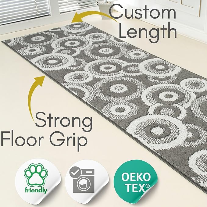 Custom Size Long Grey Hallway Runner Rug | Cut to Length 2'3" x 18' (Runner) | Non-Slip & Machine Washable | REMNAZ
