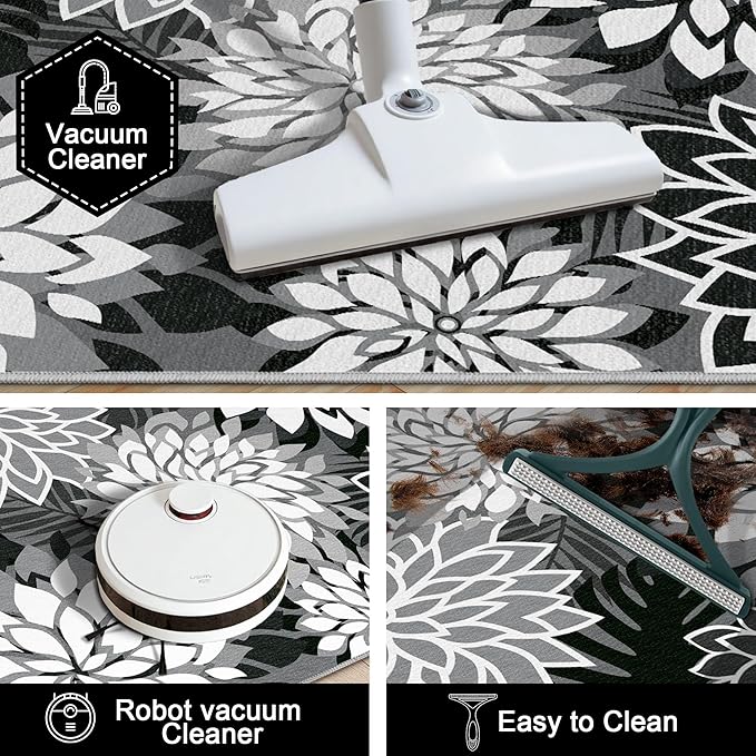 2x6 Washable Runner Rug for Hallway Tropical Botanical Modern Floral Chenille Kitchen Rugs Low Pile Non Slip Carpet for Patio, Bedroom, Laundry, Black